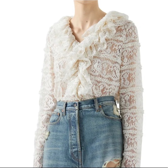 Authentic GUCCI Ruffle Neck Floral Lace Blouse - Picture 1 of 10